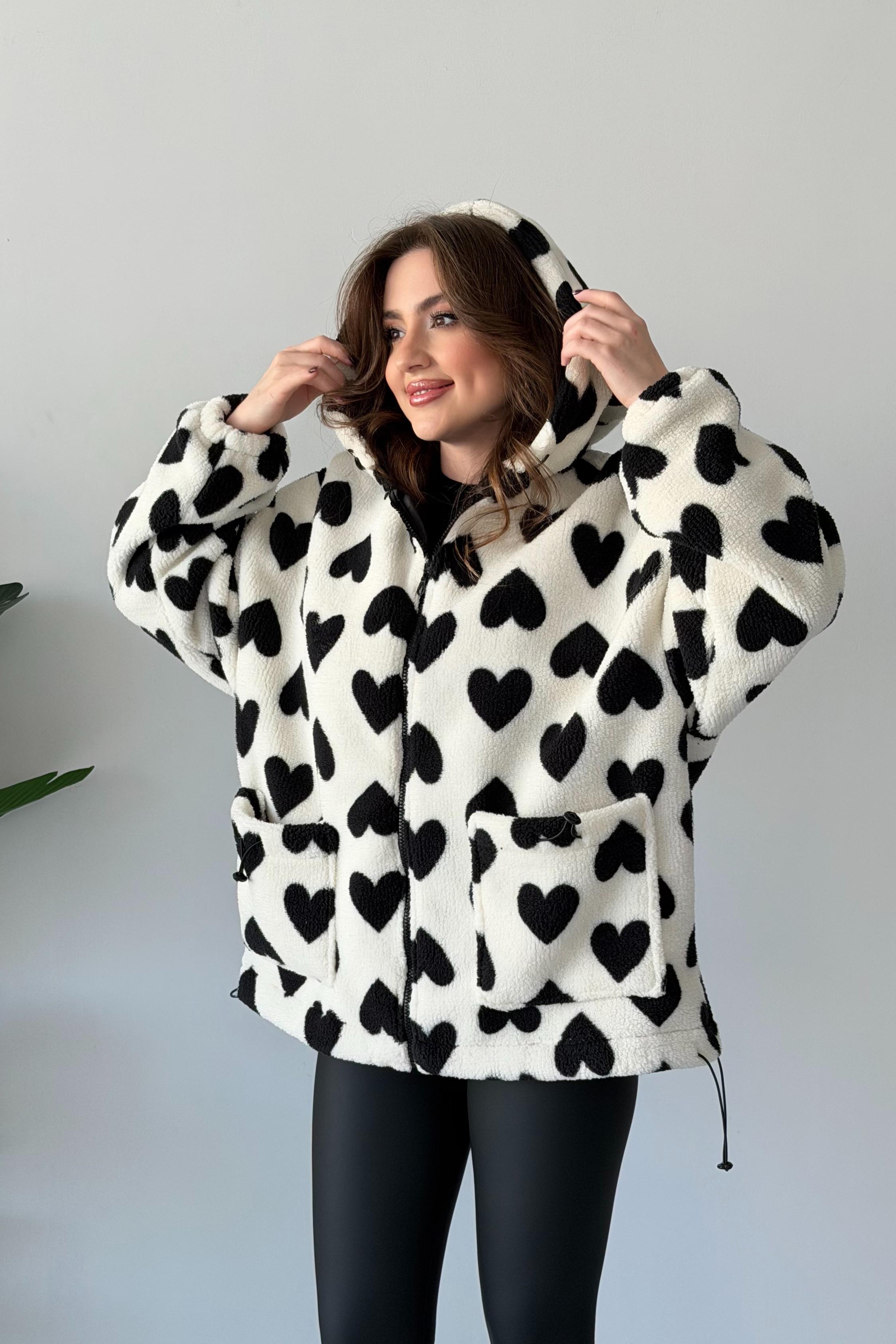 Kapşonlu Kalpli Peluş Mont