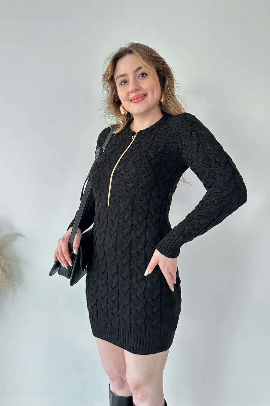 Saç Örgü Fermuar Detaylı Triko Elbise