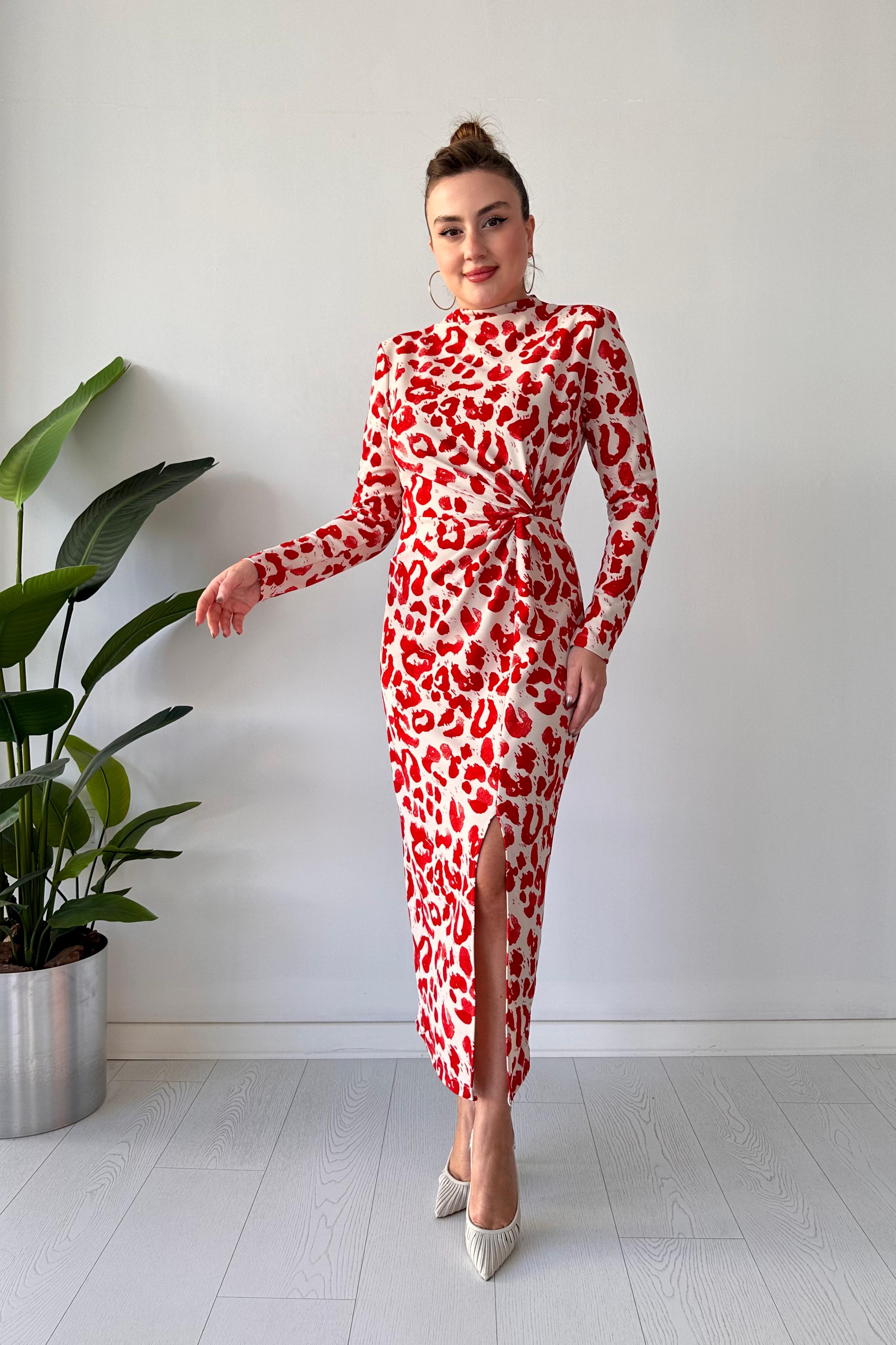 Uzun Kol Leopar Krep Elbise
