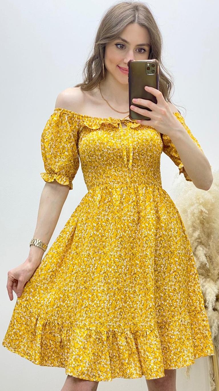 Kısa Kol Çıtır Desen Gipeli Kloş Elbise Sarı