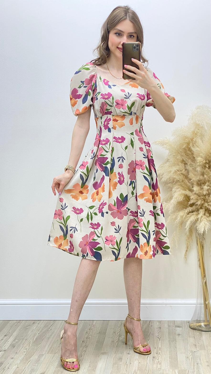 Amber Çiçekli Pileli Elbise Pembe