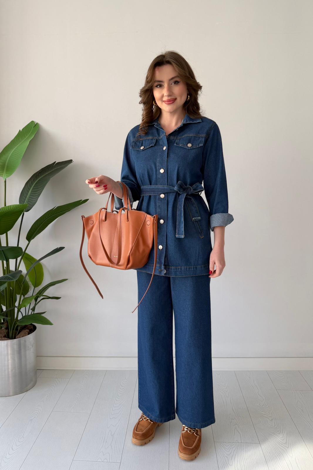 Kuşaklı Denim Takım - Lacivert