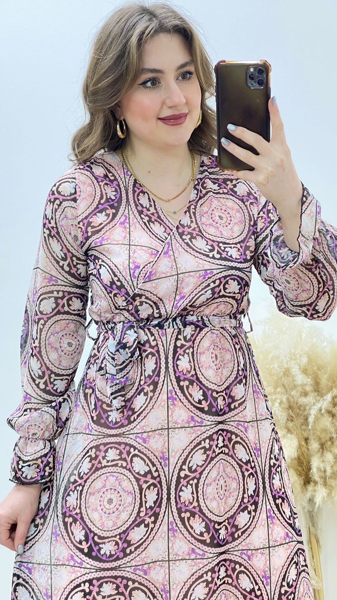 Çember Motifli Şifon Elbise Lila