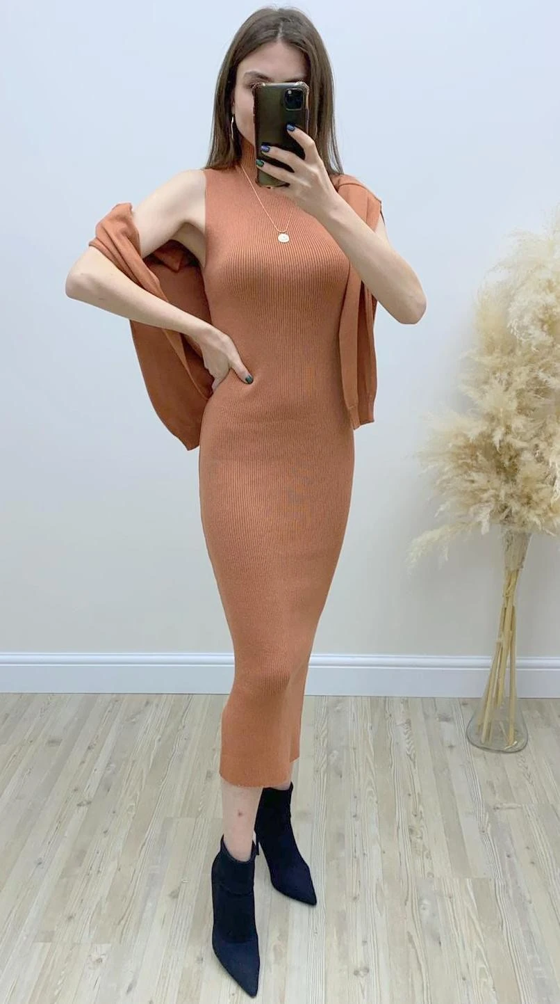 Kazaklı Kolsuz Triko Elbise Kiremit