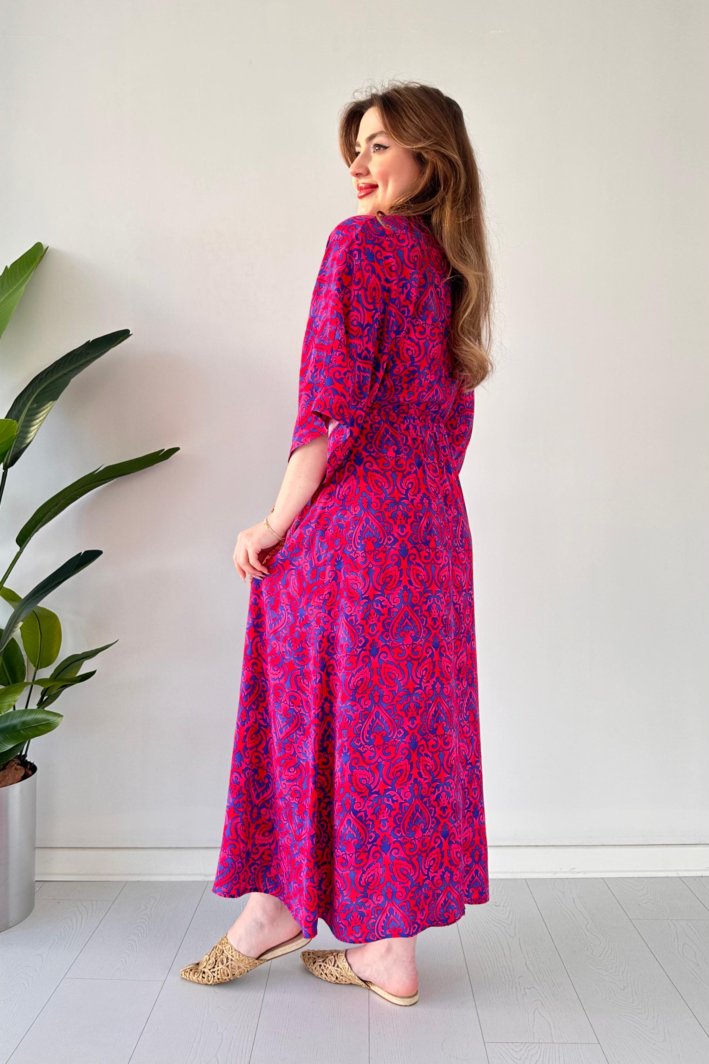 Yarasa Kol Viskon Elbise Fuşya