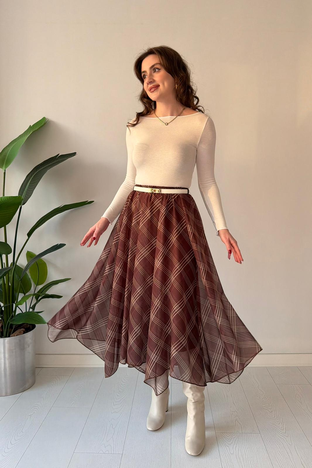 Dilimli Ekose Etek - Kahve