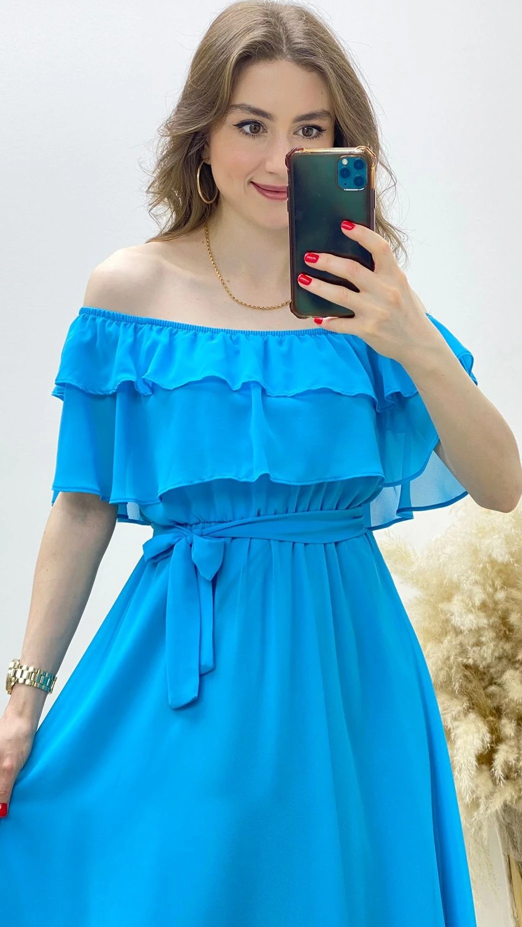 Fırfırlı Madonna Şifon Elbise Turkuaz