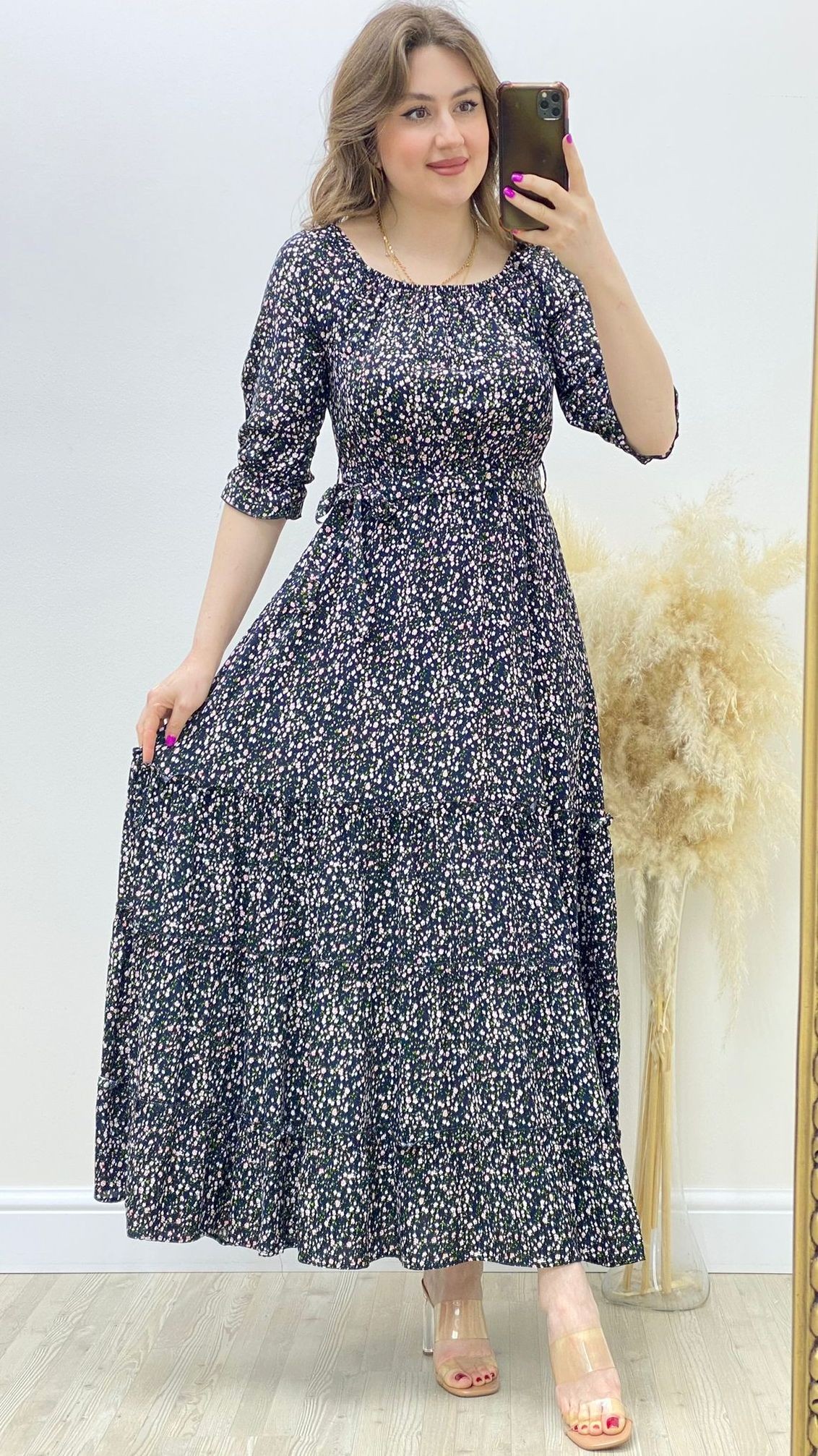 Maksi Çıtır Viskon Elbise Lacivert