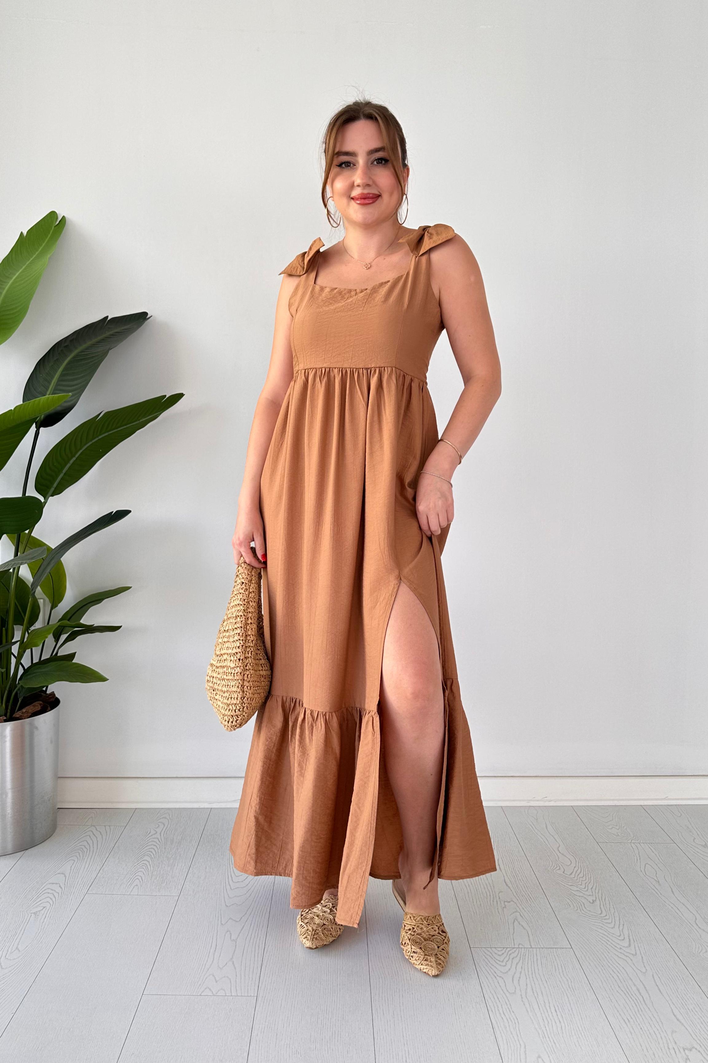 Omuz Fiyonk Keten Elbise