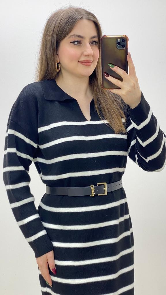 Dökümlü Çizgili Triko Elbise Siyah