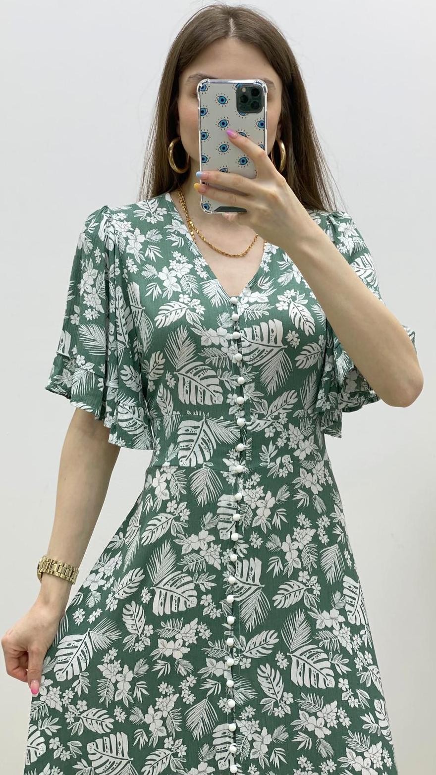 Düğmeli Devetabanı Desenli Viskon Elbise Yeşil