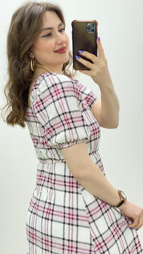 Ekoseli Astarlı Elbise Bordo