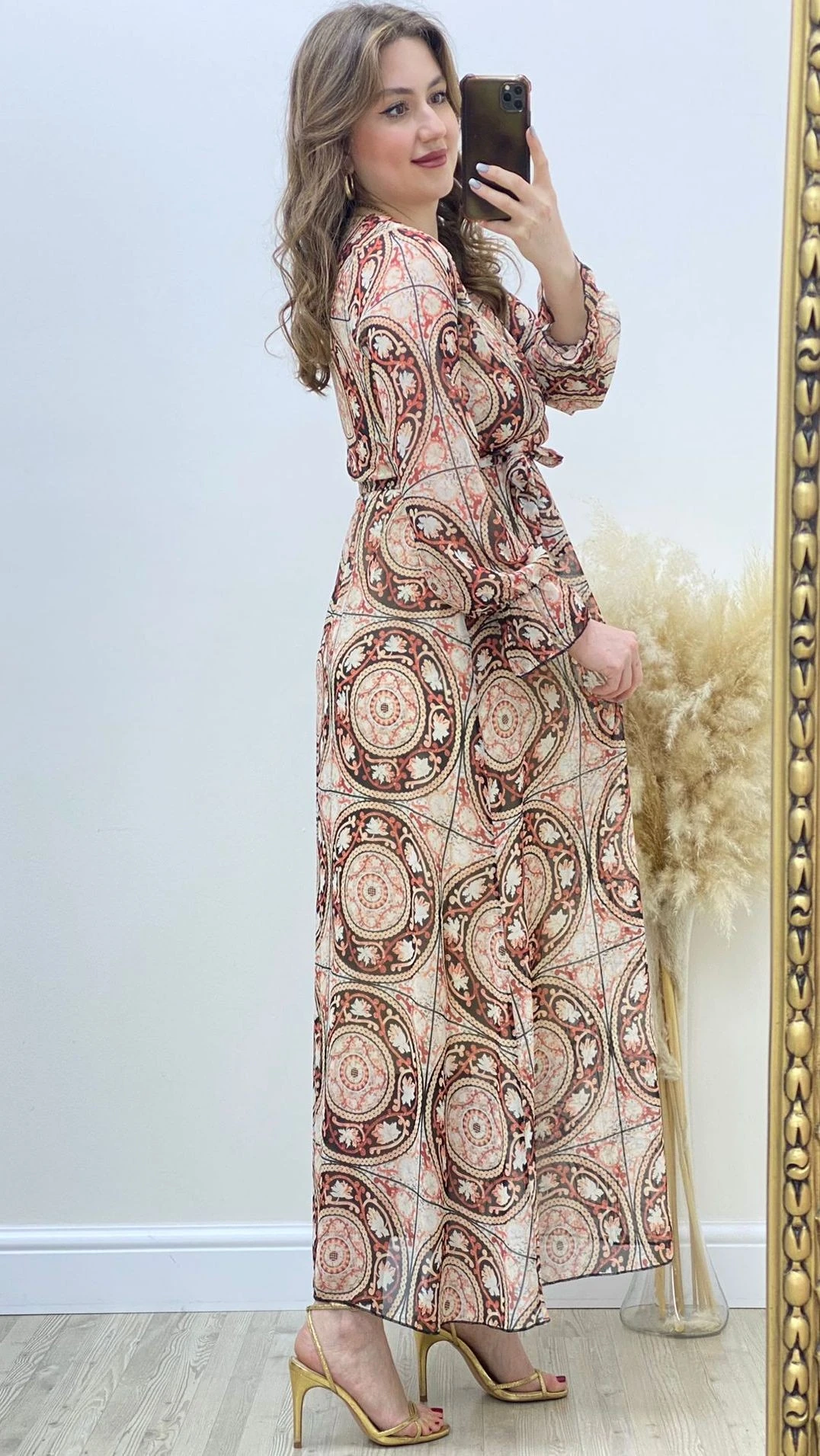 Çember Motifli Şifon Elbise Kiremit