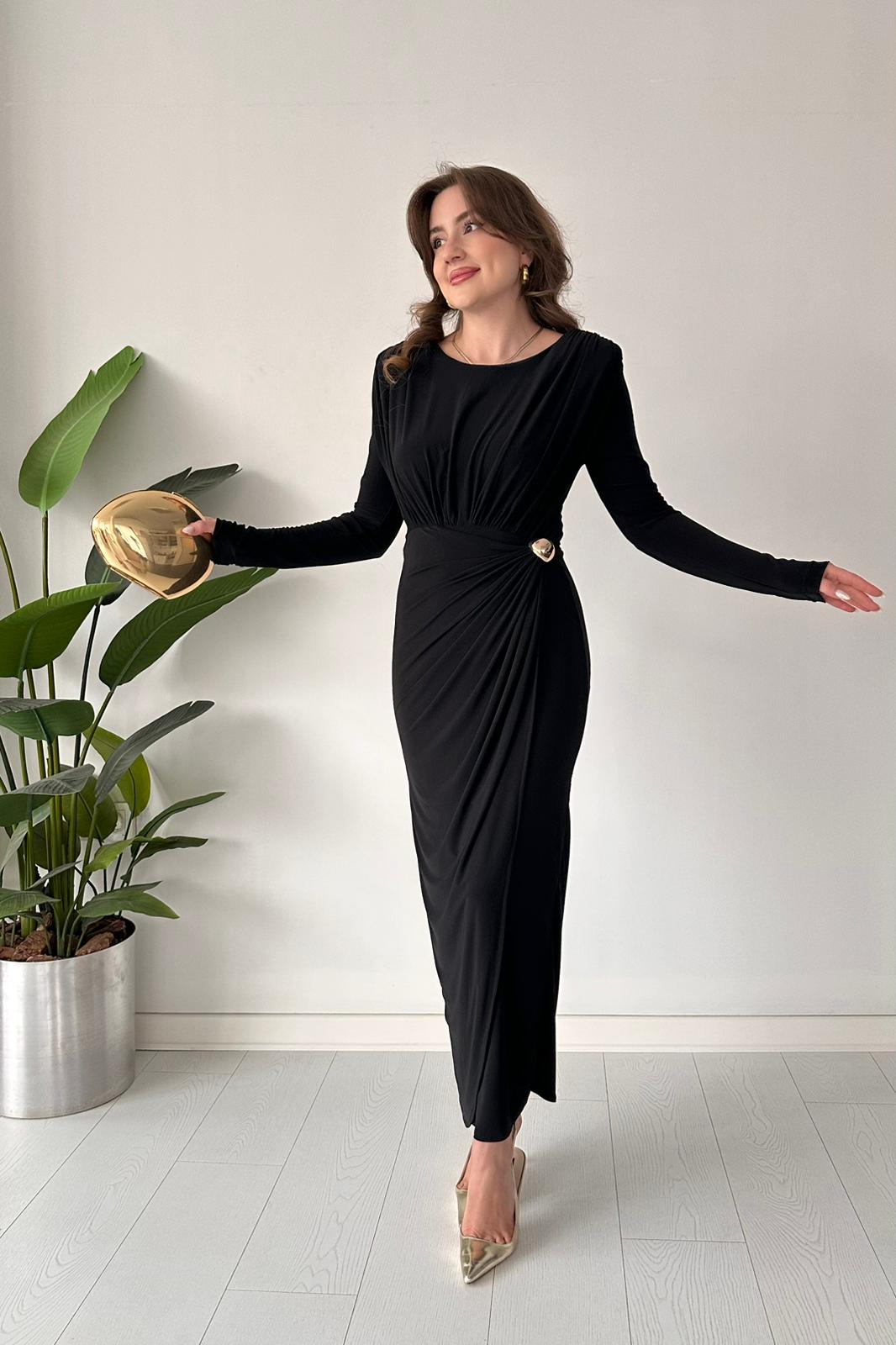 Drape Tokalı Esnek Elbise - Siyah