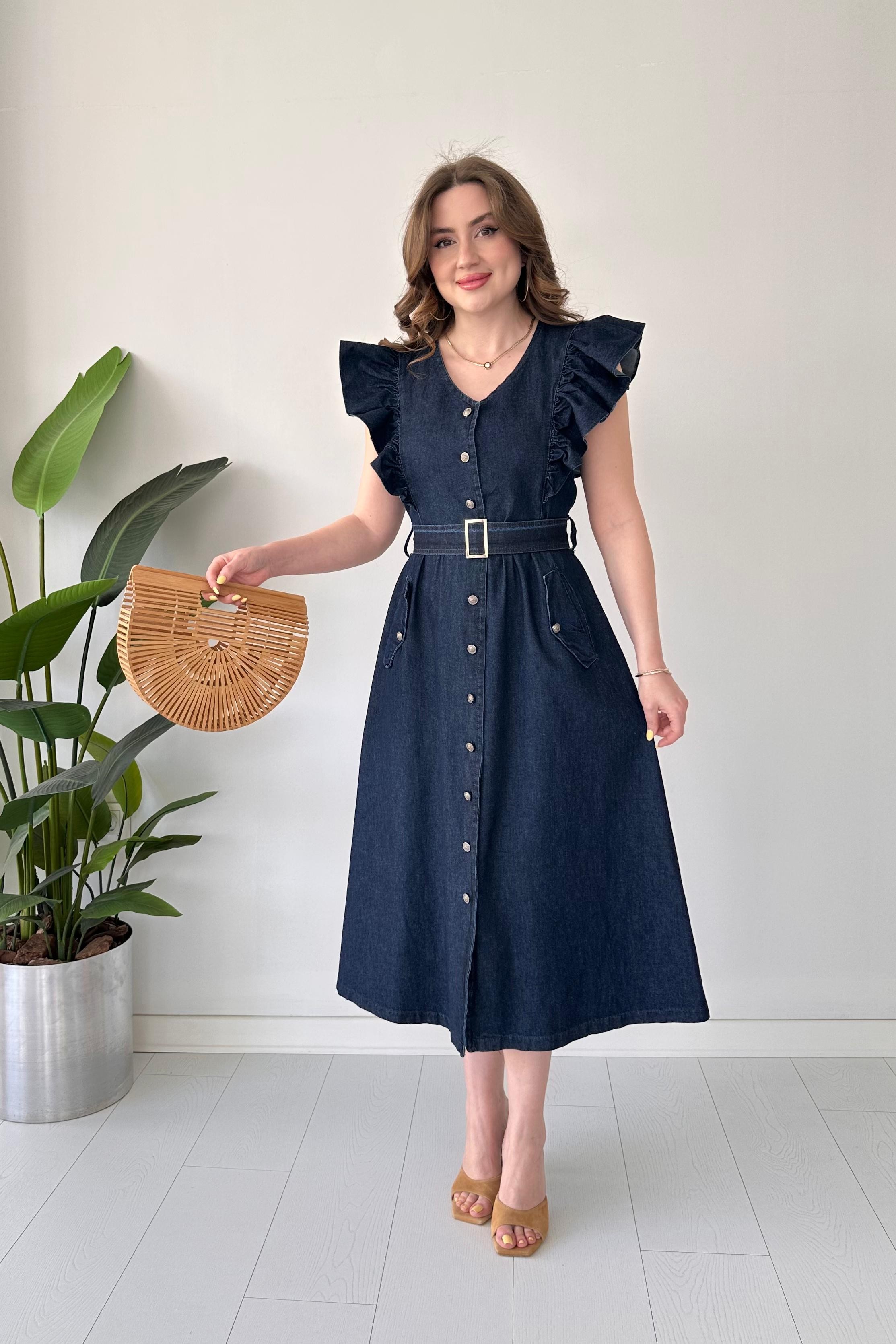 Volanlı Denim Elbise