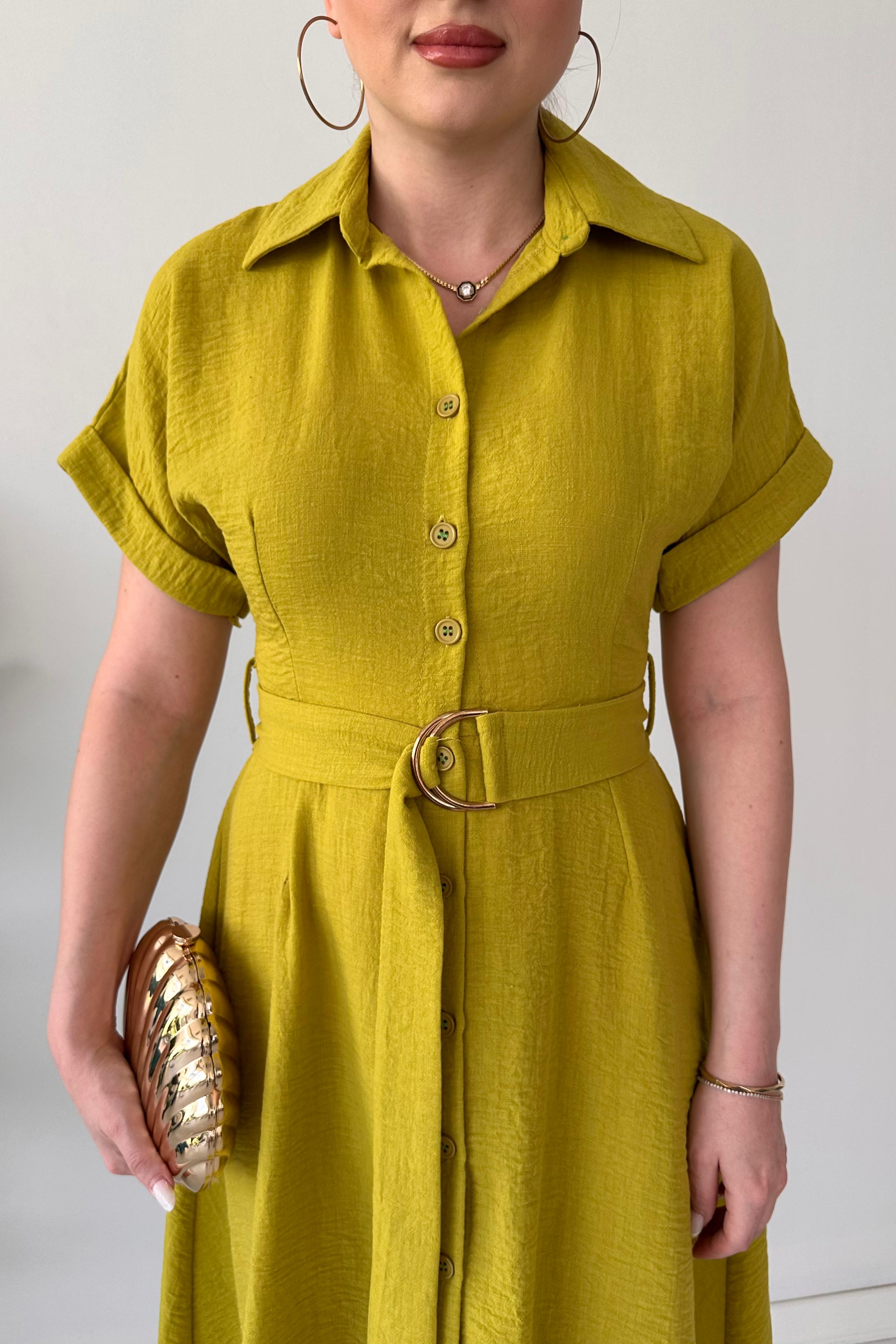 Metal Kuşaklı Gömlek Elbise