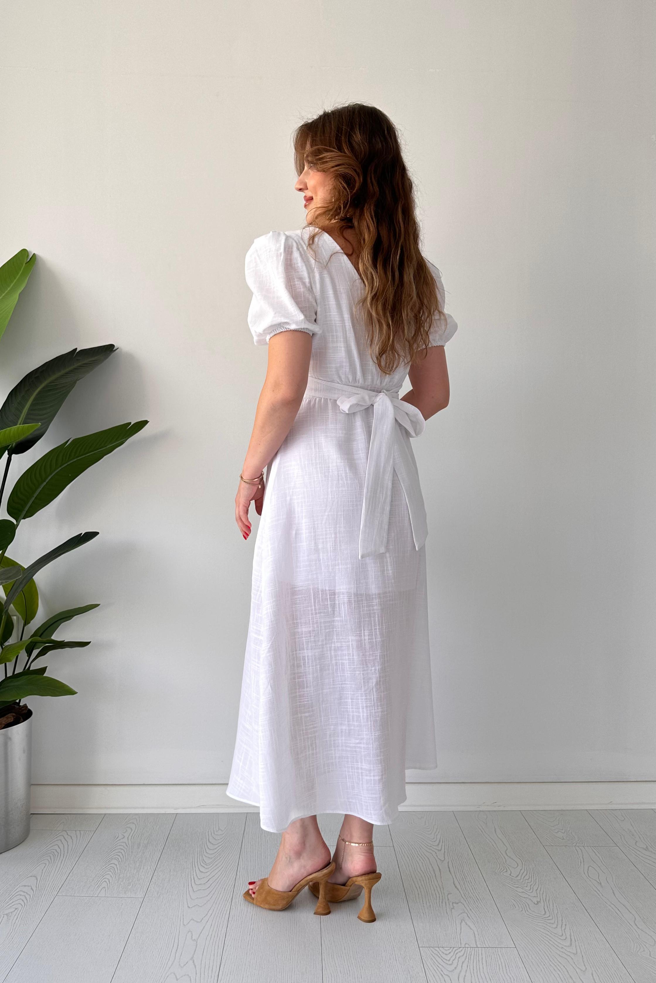 Önden Düğme Keten Elbise