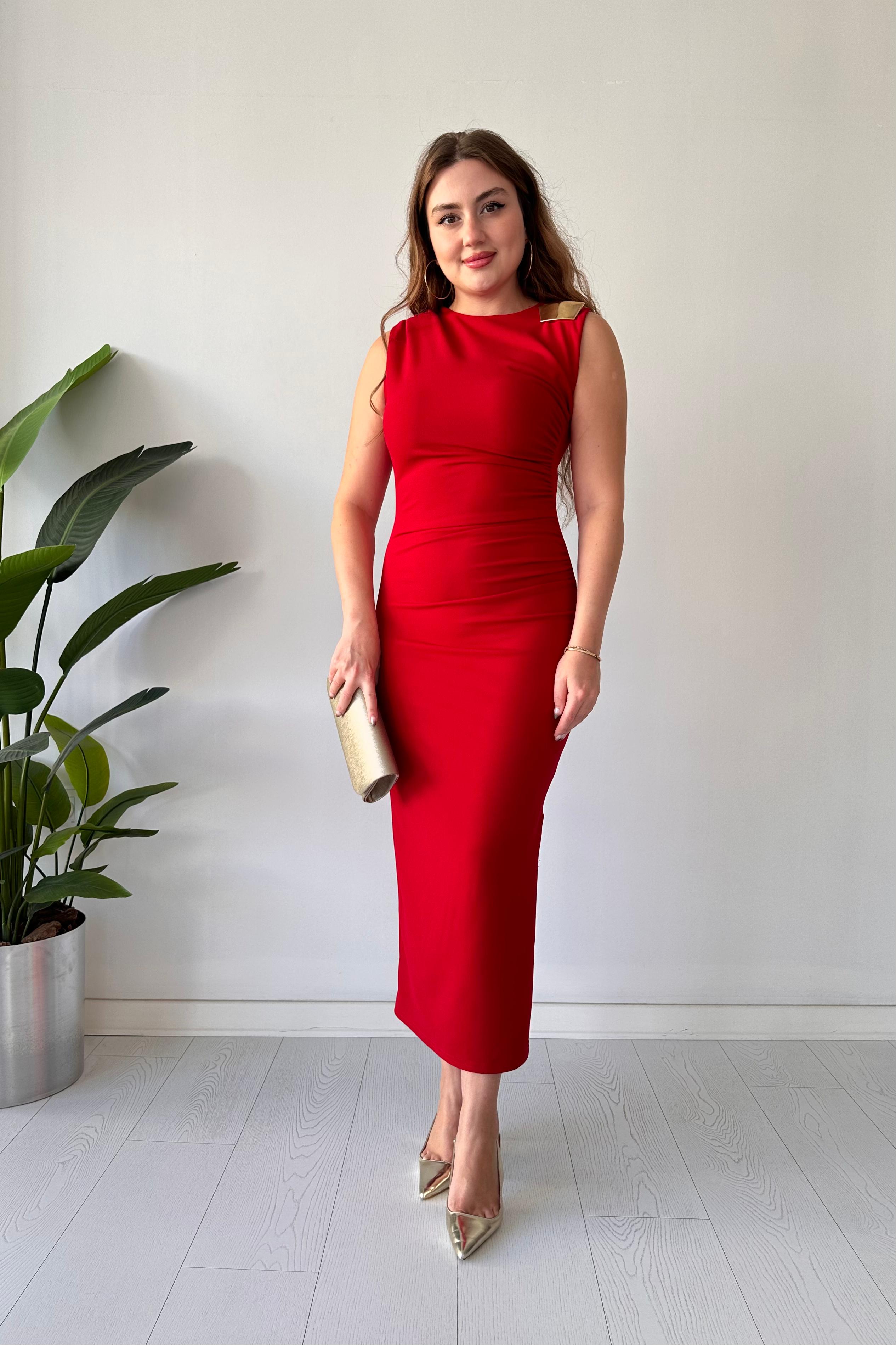 Omuz Tokalı Krep Elbise