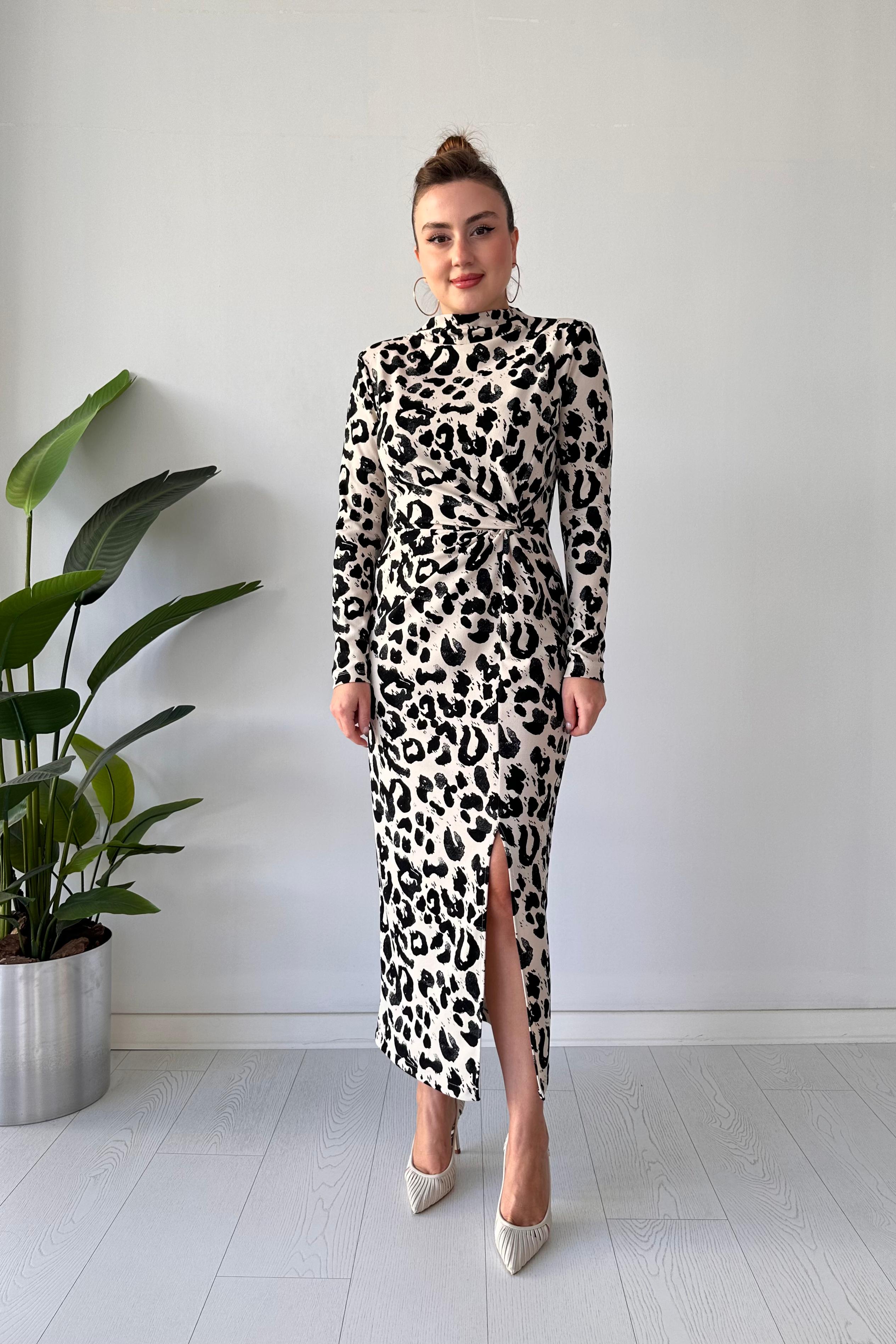Uzun Kol Keopar Krep Elbise