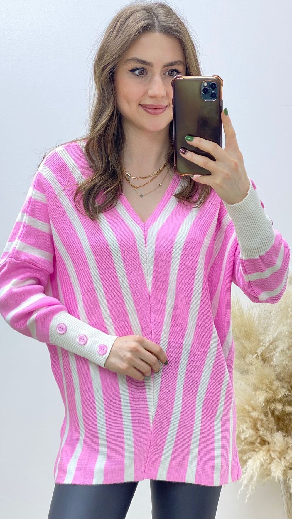 V Çizgili Triko Pembe