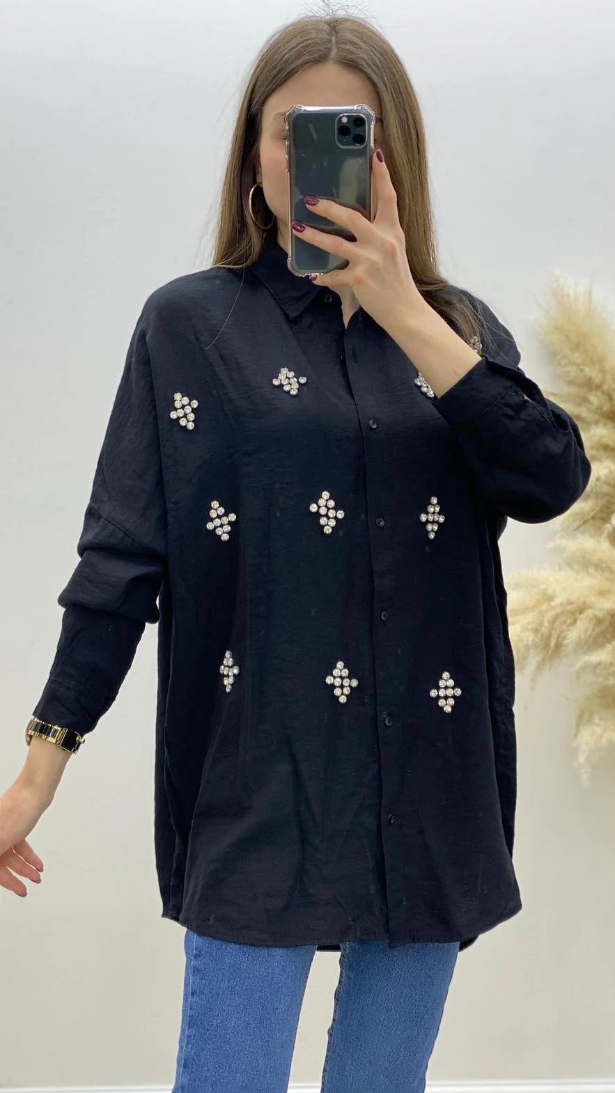 Taş İşlemeli Gömlek Siyah