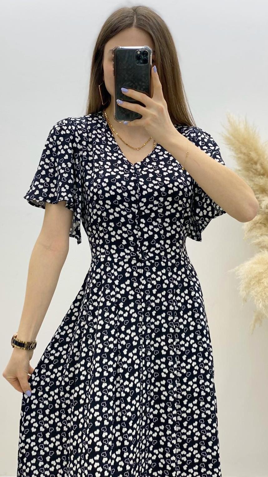 Kalp Desenli Viskon Elbise Siyah