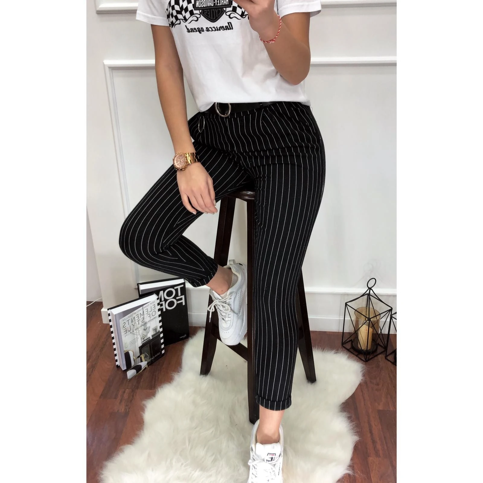 Çizgili Penye Pantolon-Siyah