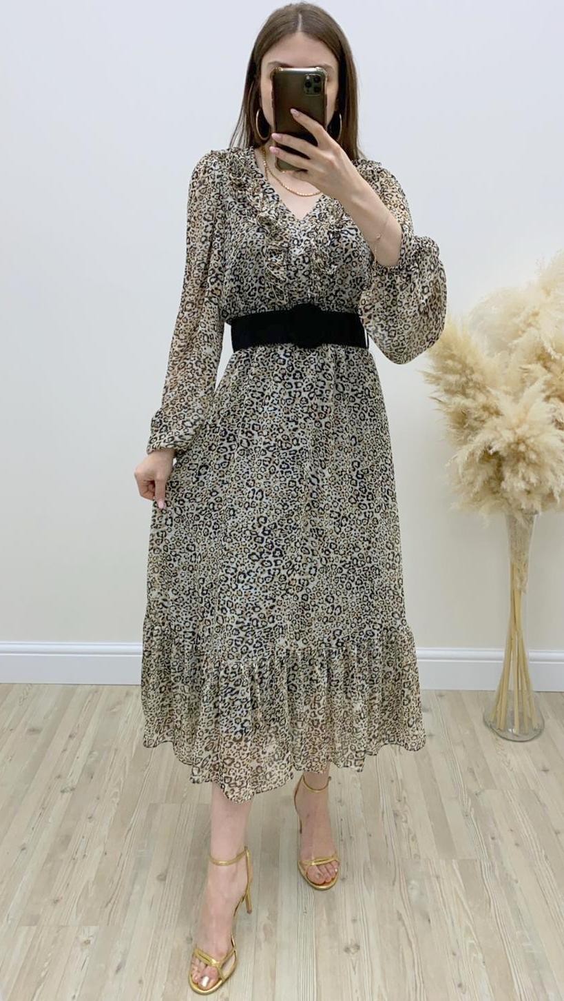 Siyah Kalın Kemerli Leopar Desen Şifon Elbise