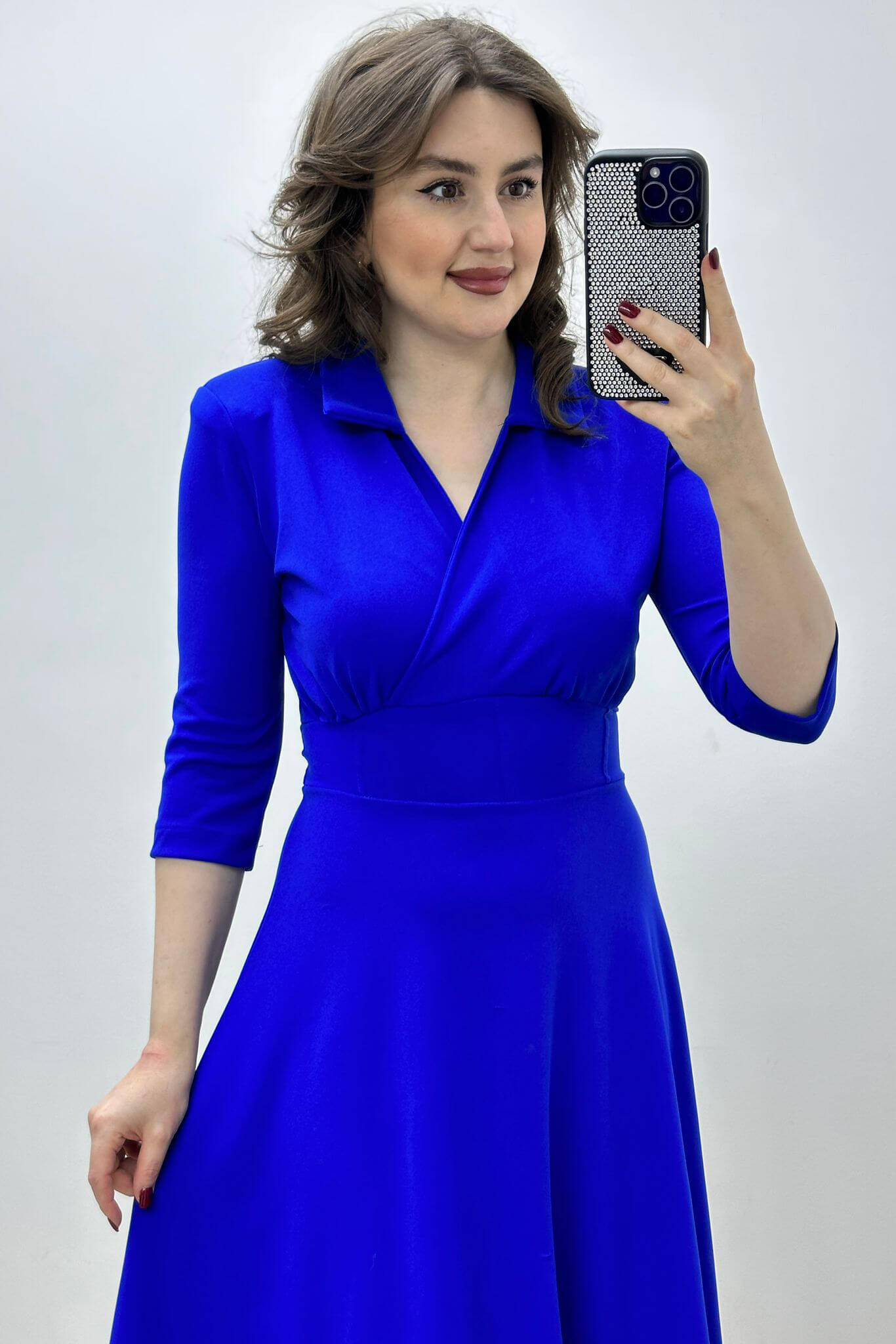 Yarım Kollu Krep Elbise Saks Mavi