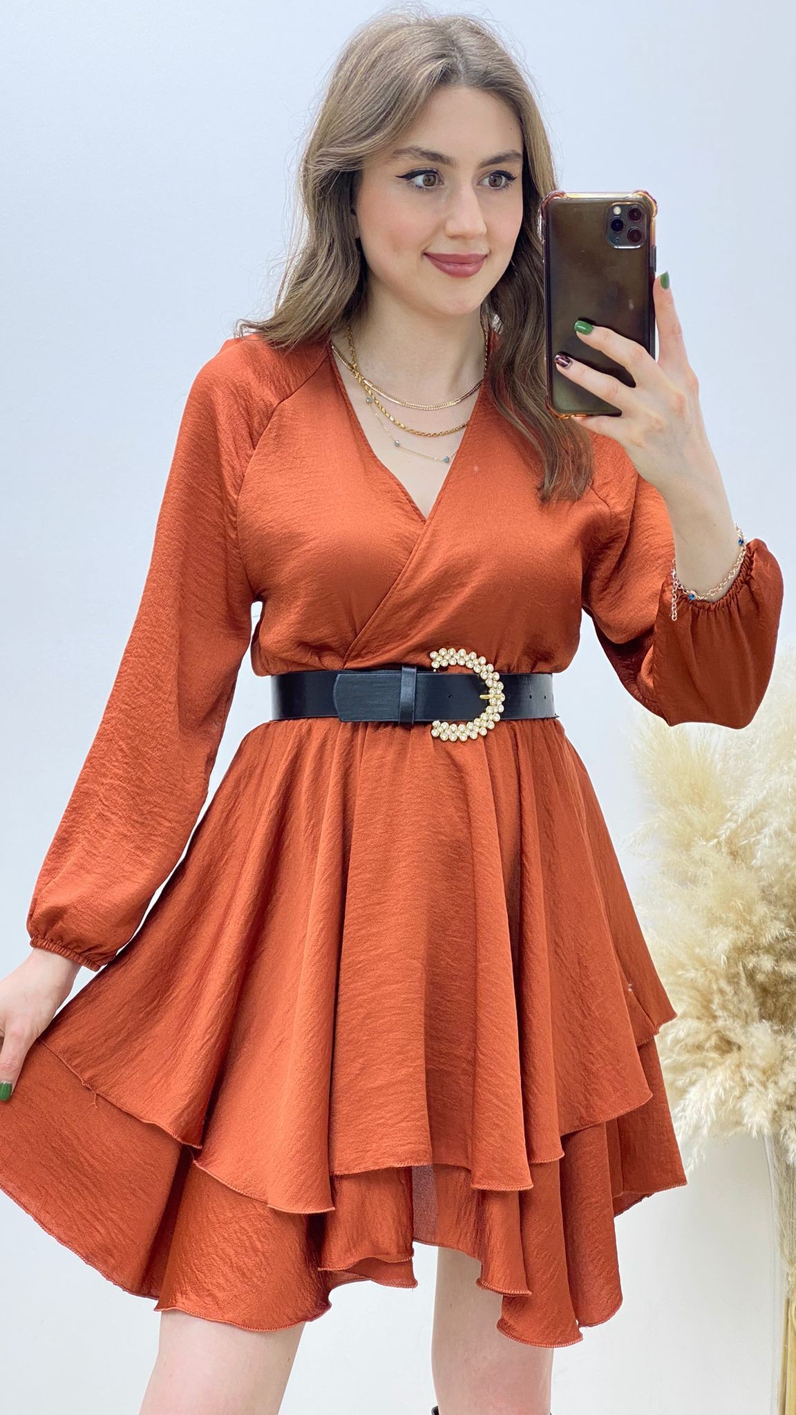 Kat Kat Saten Elbise Kiremit