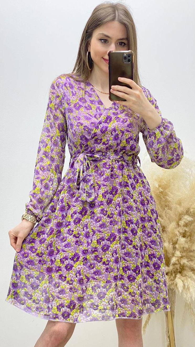 Menekşeli Kruvaze Şifon Elbise Mor