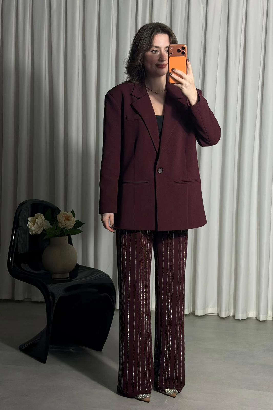 Suyolu Taşlı Ceket Takım - Bordo