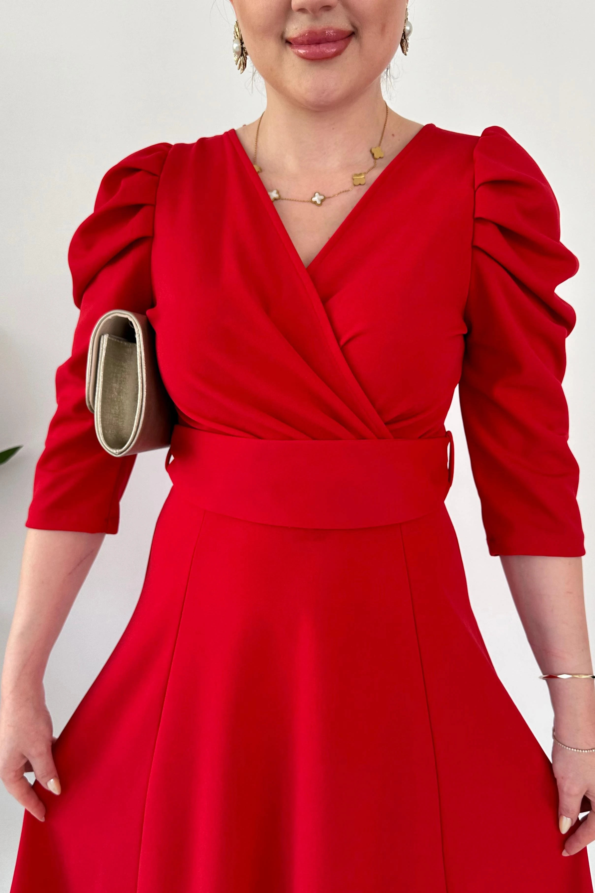 Kumaş Kemerli Krep Elbise Kırmızı