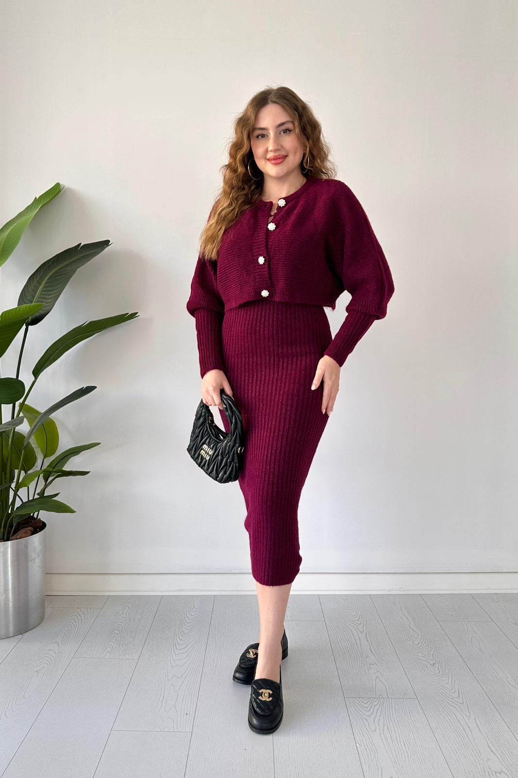 Taş Düğmeli Hırka-Elbise Takım - Bordo