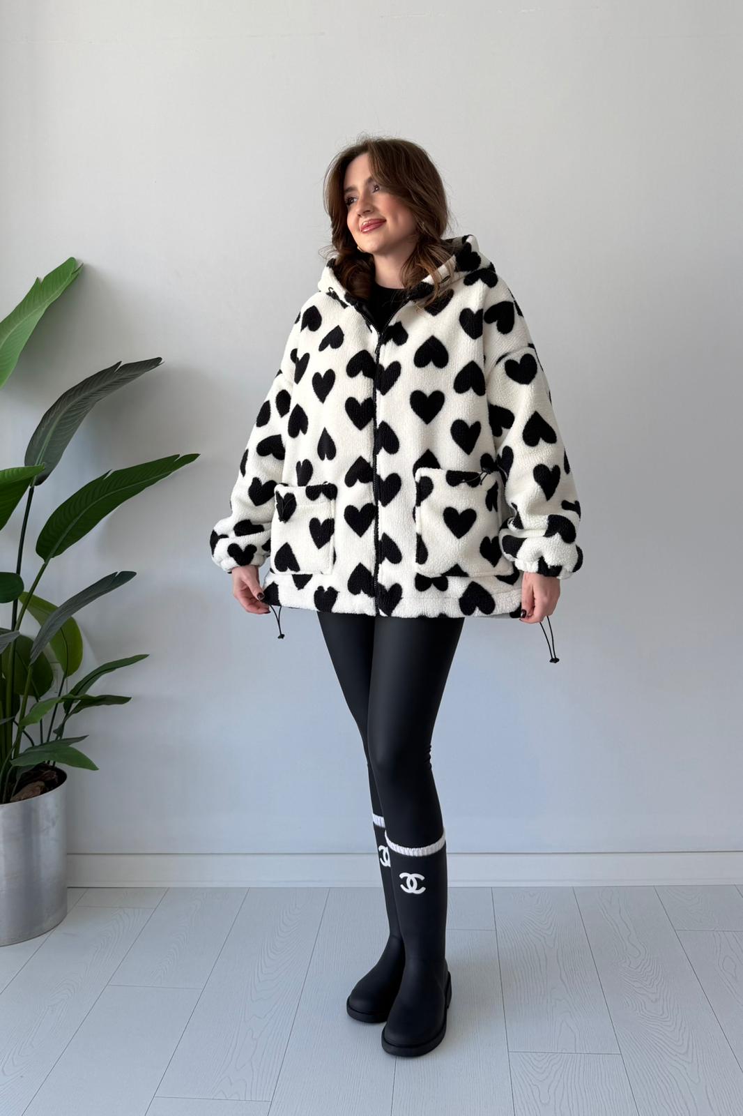 Kapşonlu Kalpli Peluş Mont