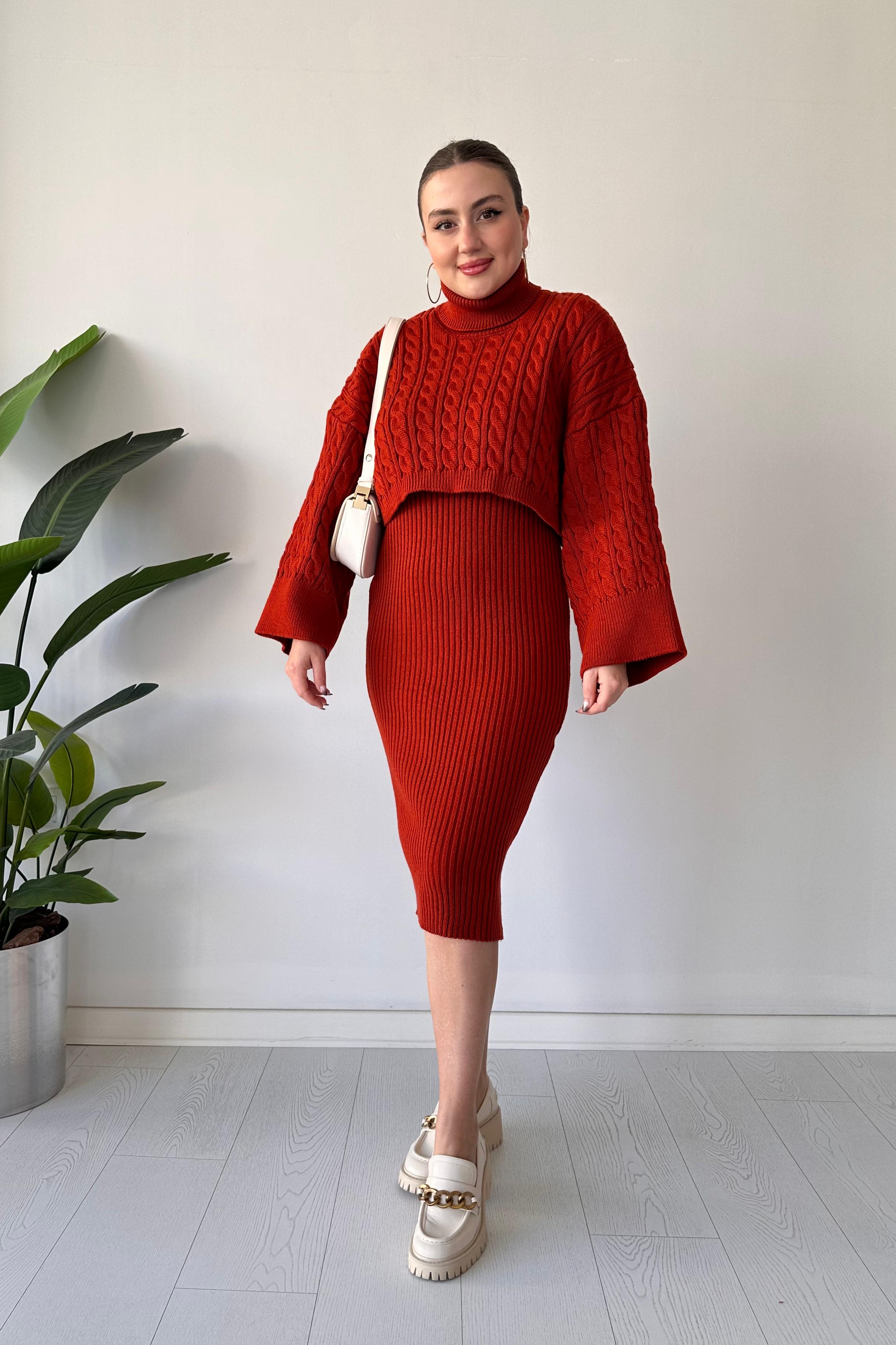 Saç Örgü Kazak Elbise Triko Takım