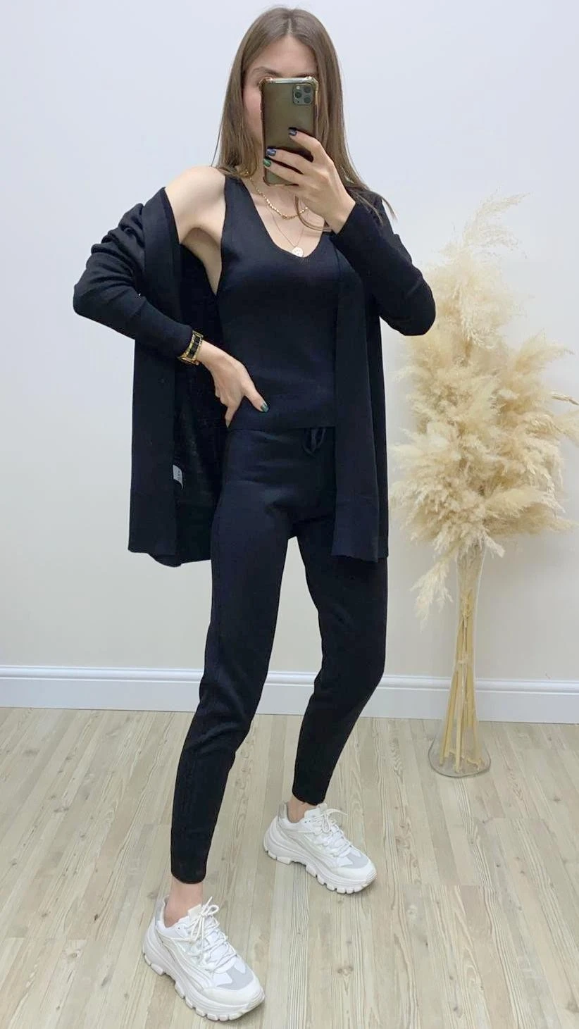 Saç Örgülü Üçlü Triko Takım Siyah