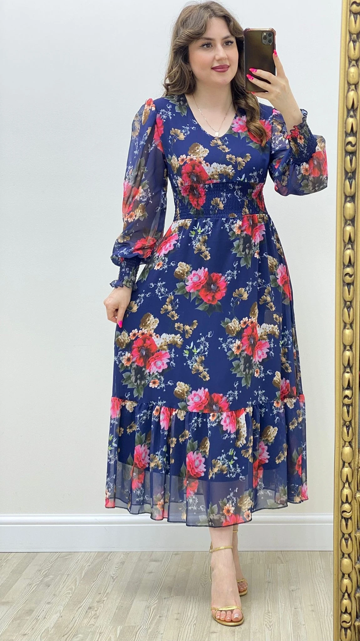 Ortancalı Şifon Elbise Lacivert