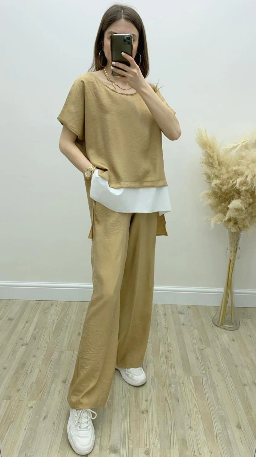 Beyaz Şeritli İkili Takım - Bej