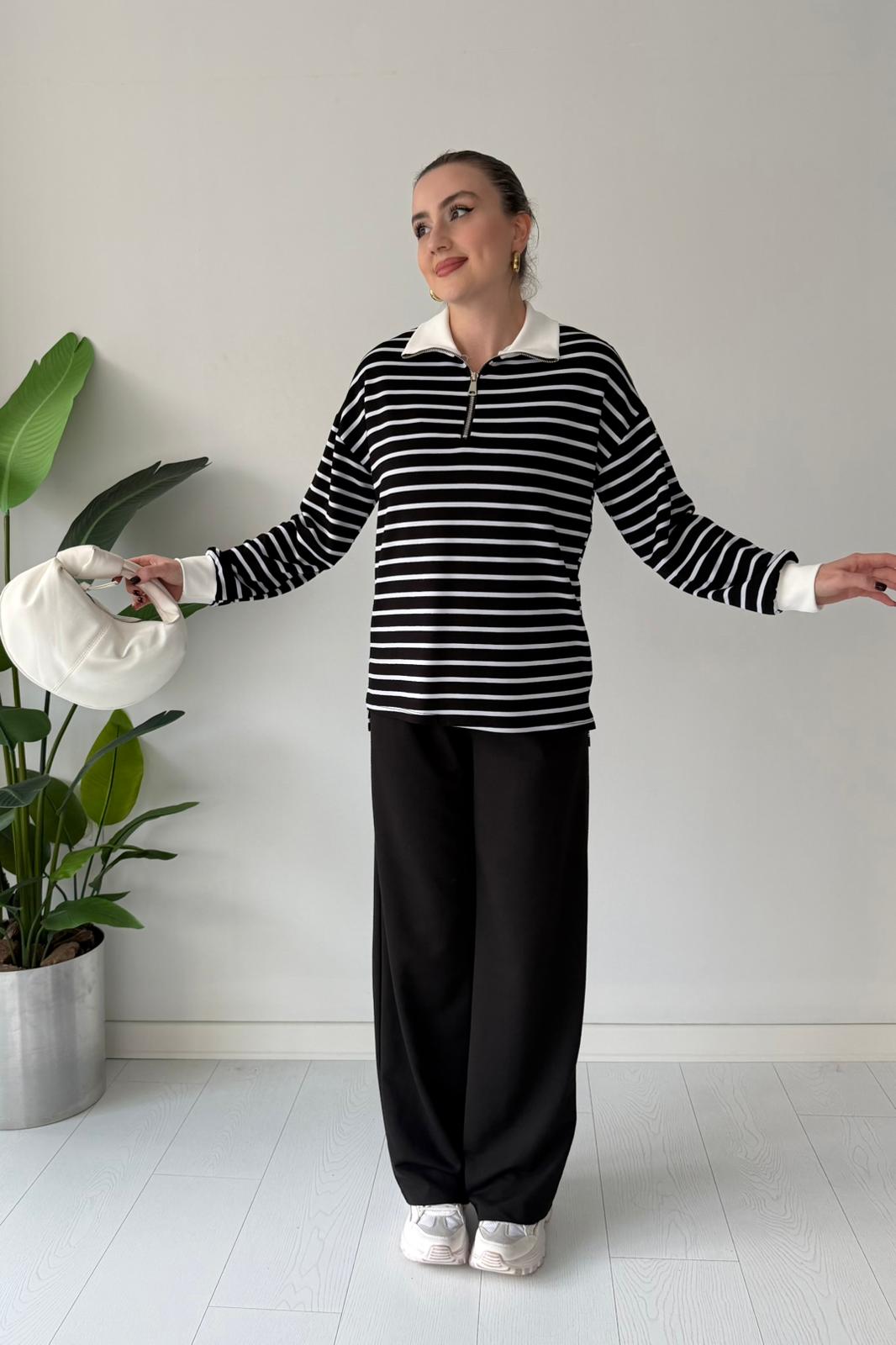 Çizgili Pamuk Takım - SİYAH
