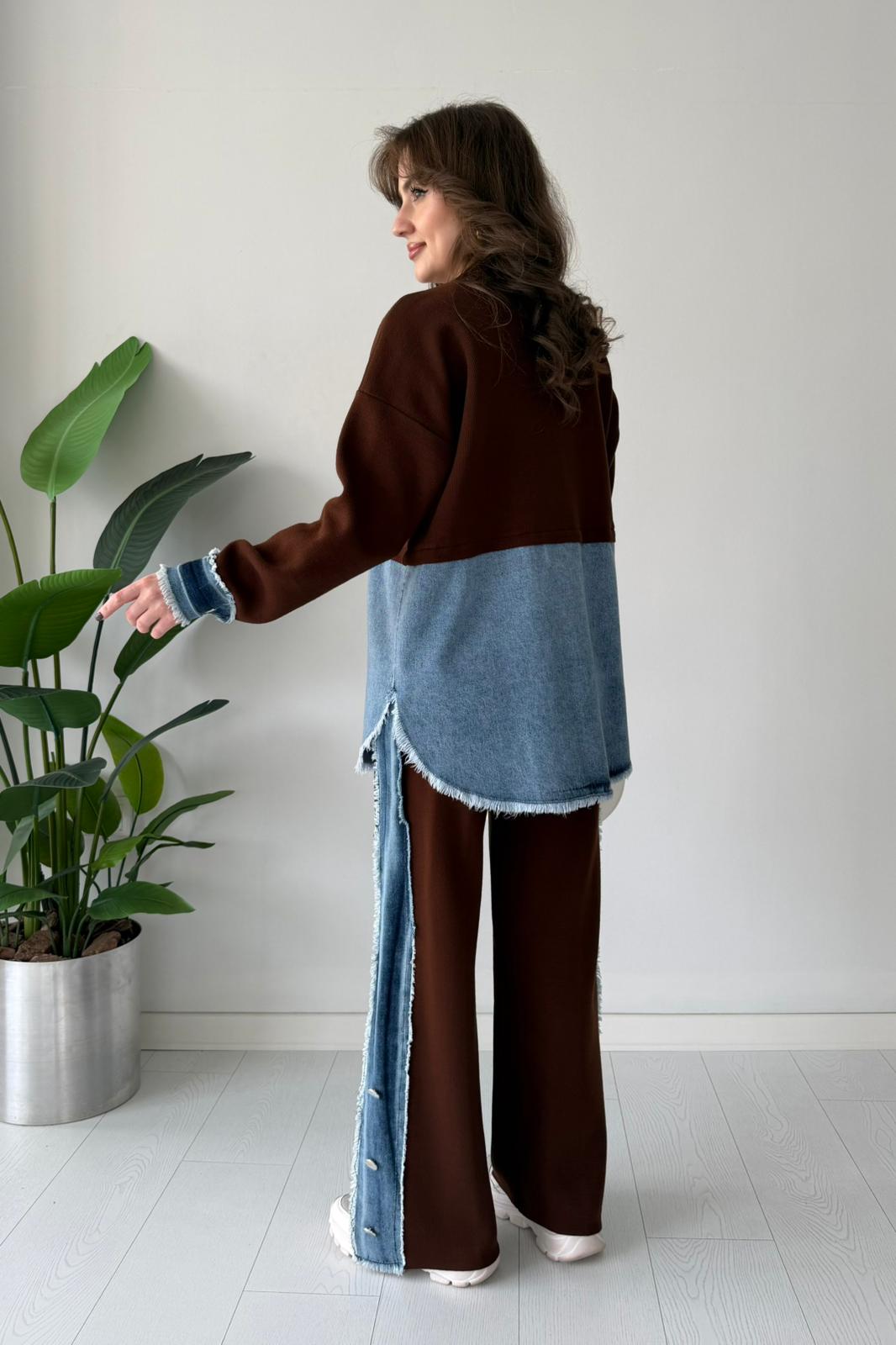 Denim Detaylı Triko Takım