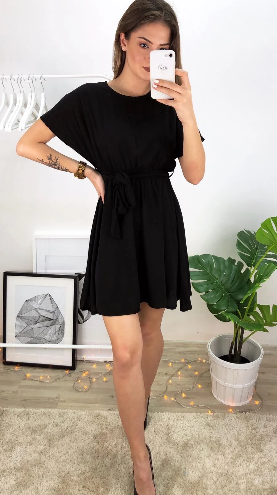 Bel Lastik Kısa Elbise-Siyah