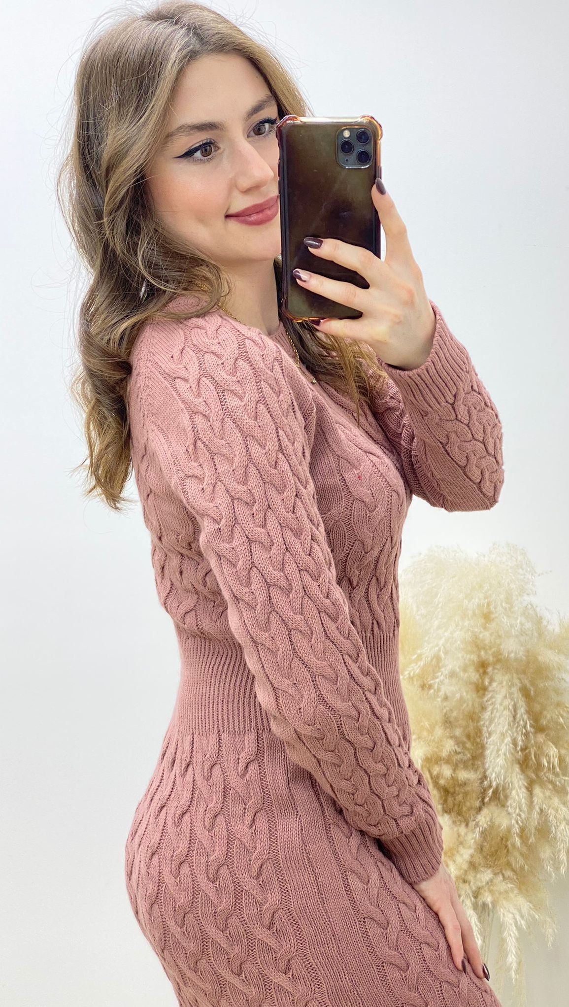 Midi Boy Saç Örgü Triko Elbise Pudra