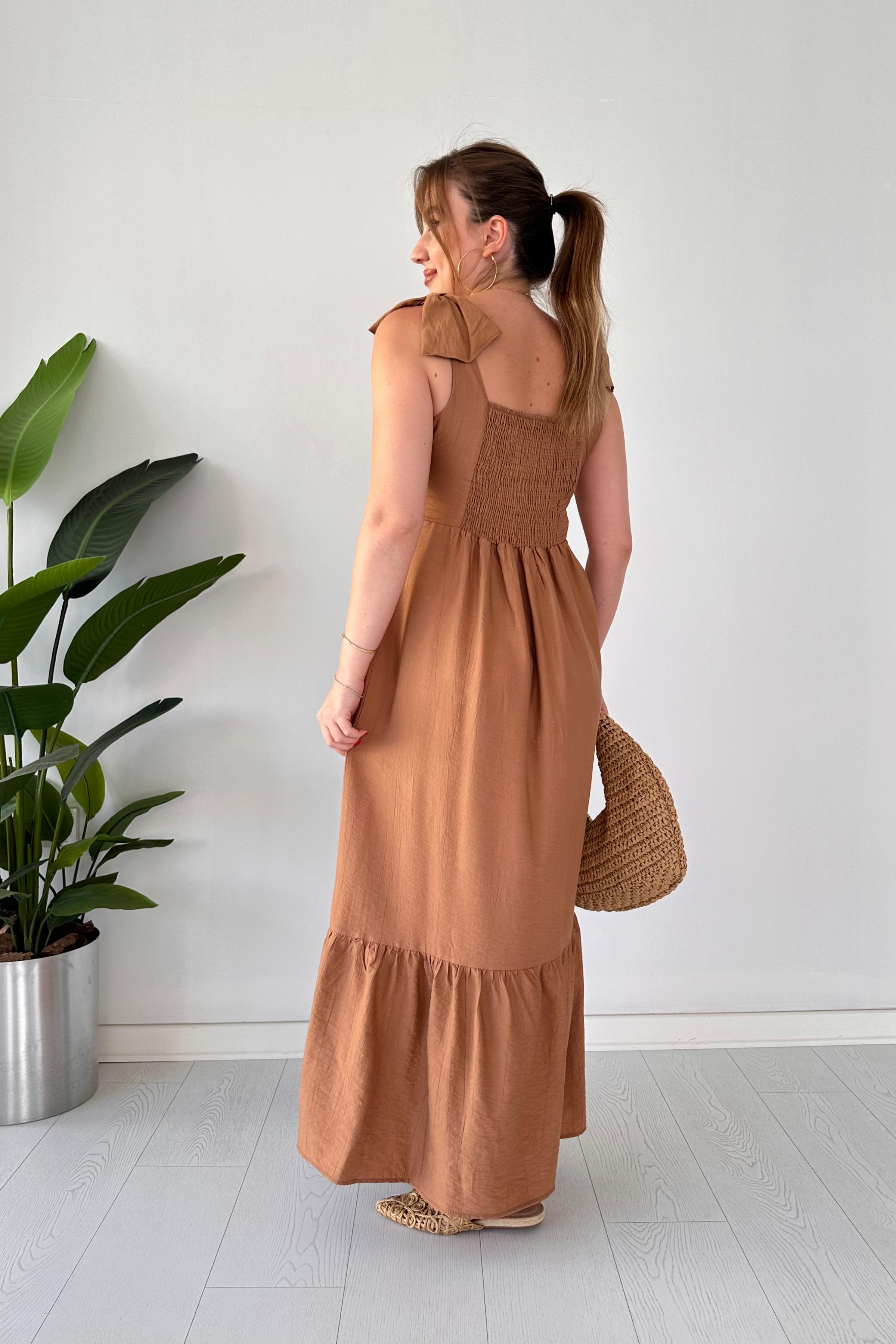 Omuz Fiyonk Keten Elbise