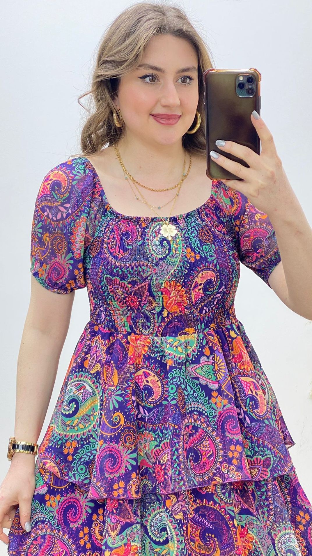 Katlı Şal Desen Şifon Elbise Mor