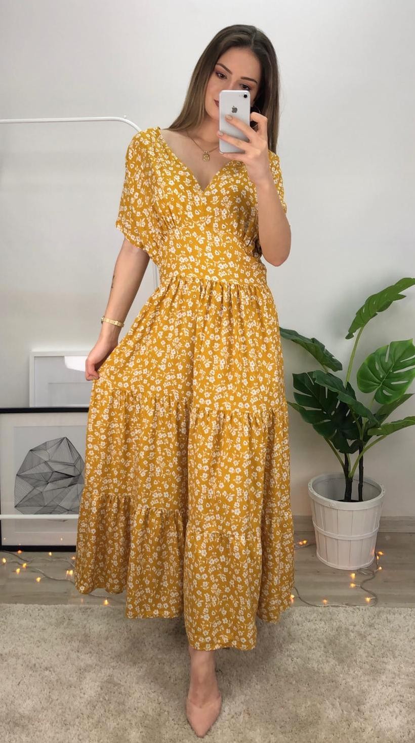 V Yaka Çiçekli Viskon Elbise-Sarı