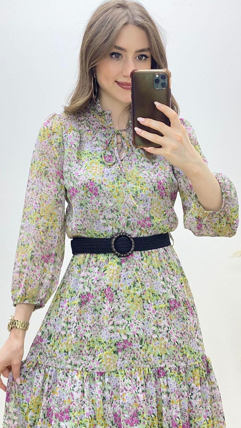 Halka Kemer Çiçekli Şifon Elbise