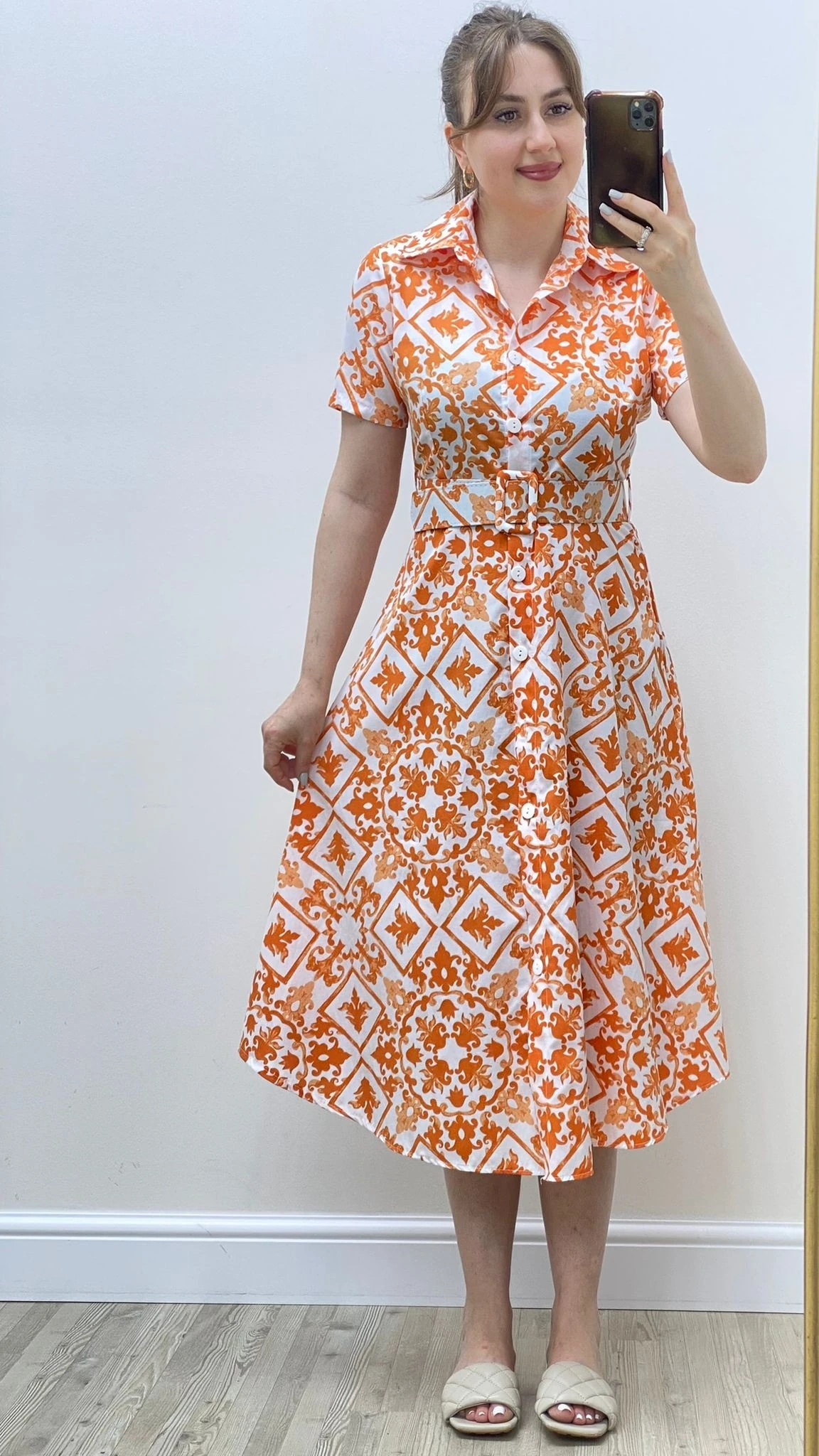 Etnik Poplin Gömlek Elbise Turuncu