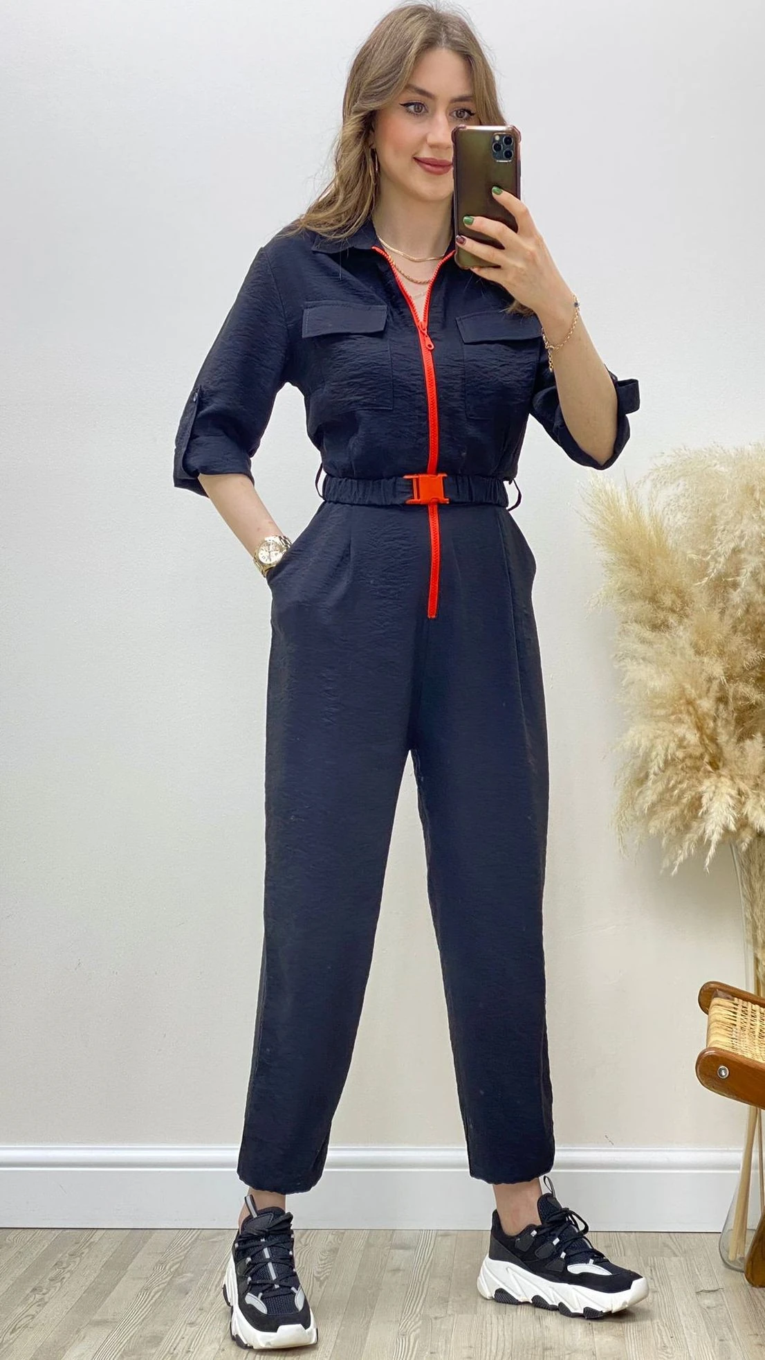 Neon Fermuarlı Tulum Siyah