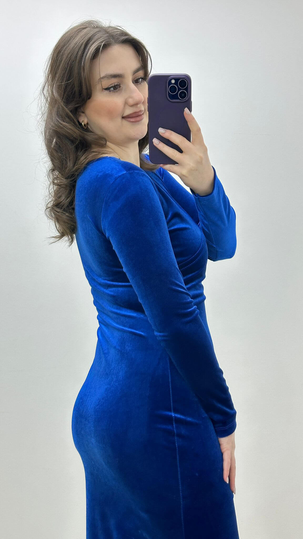 Dantelli Kadife Elbise Saks Mavi